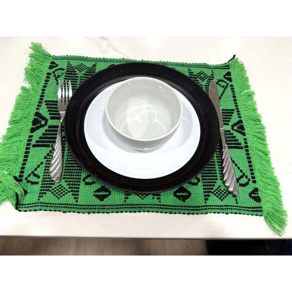 Vintage Boho Geometric Woven Placemats Set of 6 Green Black Fringe Decor Art - Picture 4 of 5